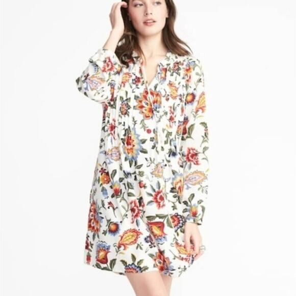 Old Navy Floral Print Long Sleeve Mini Dress V-Neckline Pleated Size L Large - Picture 1 of 6